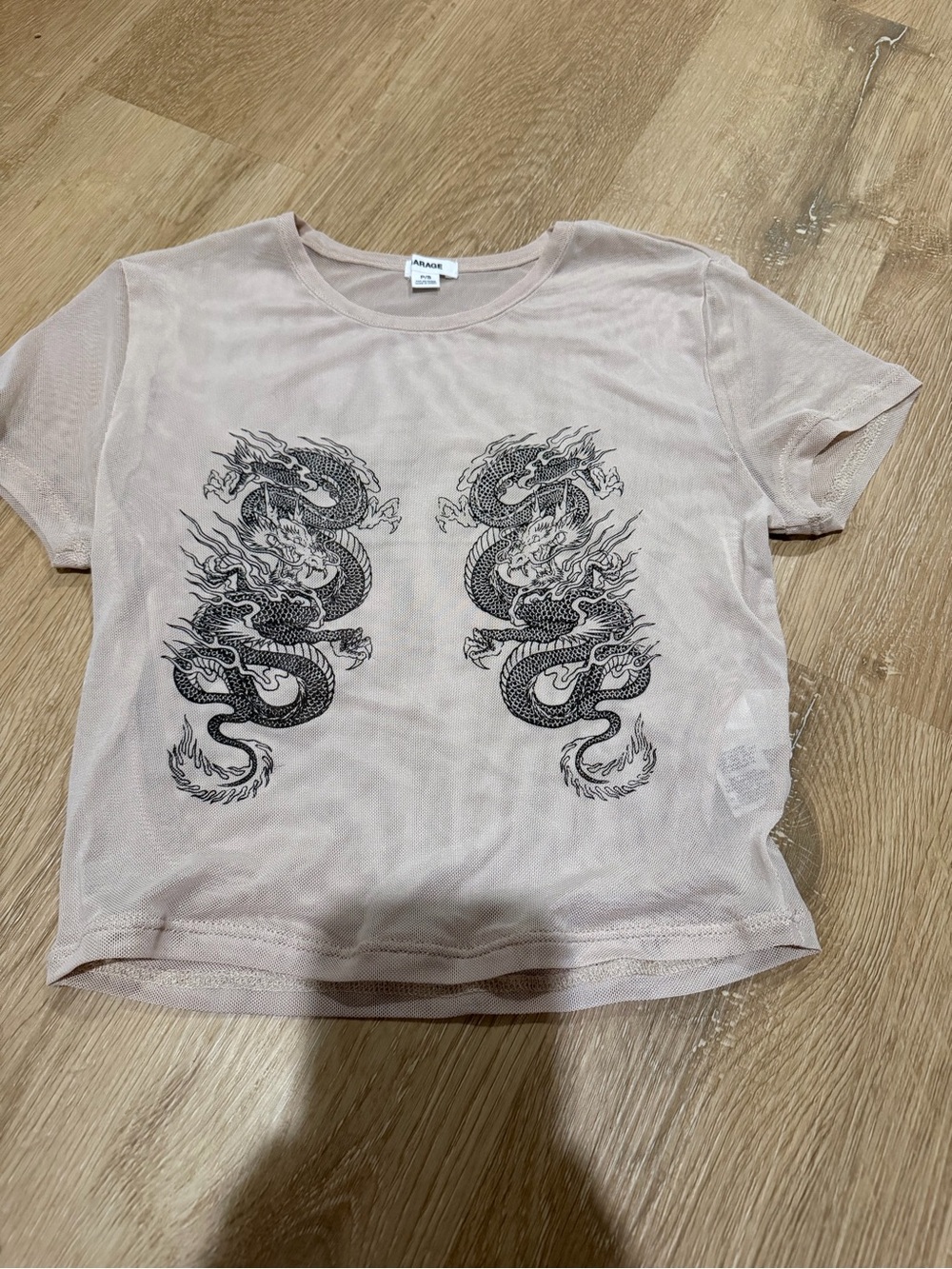 Garage Sheer Mesh Tee with Double Dragon Print - tan